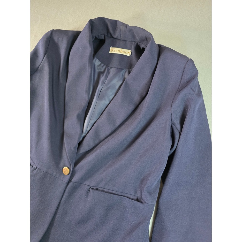 Genhoo Womens Navy Blue Shawl Collar Single Button Blazer Pinstripe Cuff Size M